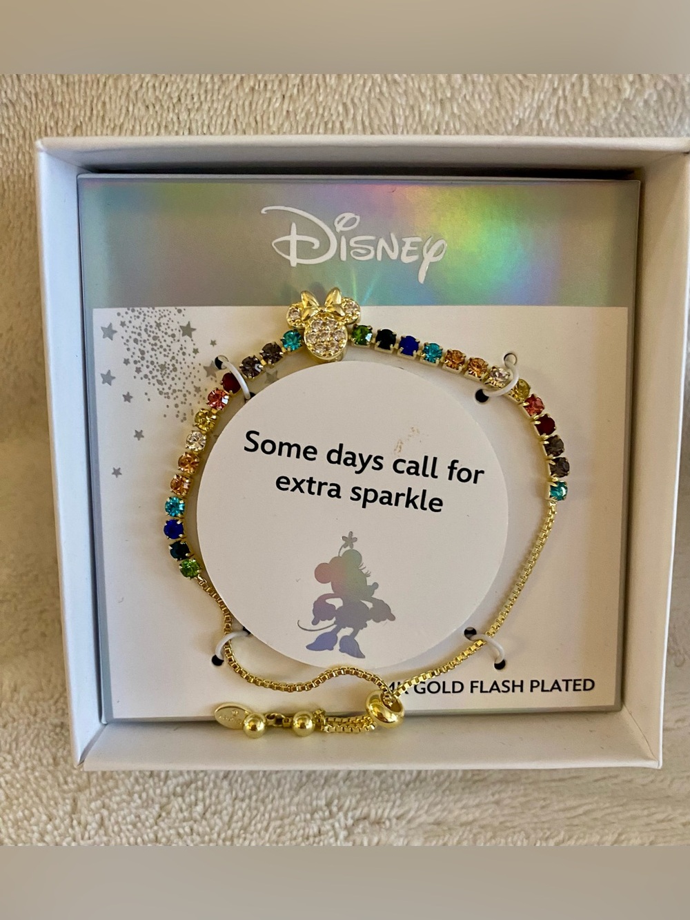 Disney's Minnie Mouse 14k Gold Flash Plated Multicolored CZ Bracelet